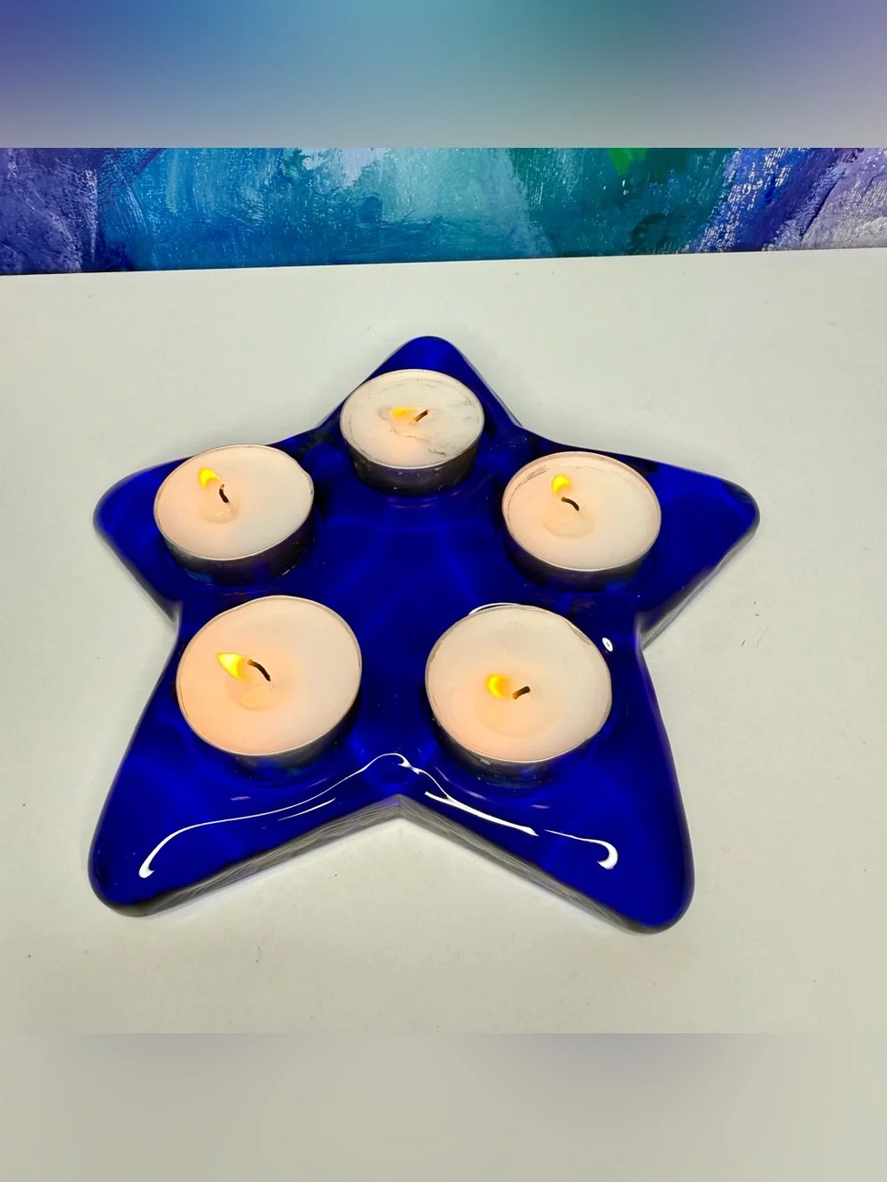 Blue Glass Star Candle Holder 5 Tea Light or Pillar Candle Celestial Whimsigoth